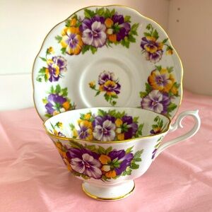 Royal Albert Bone China Teacup and Saucer in a Purple and Yellow Pansy Pattern